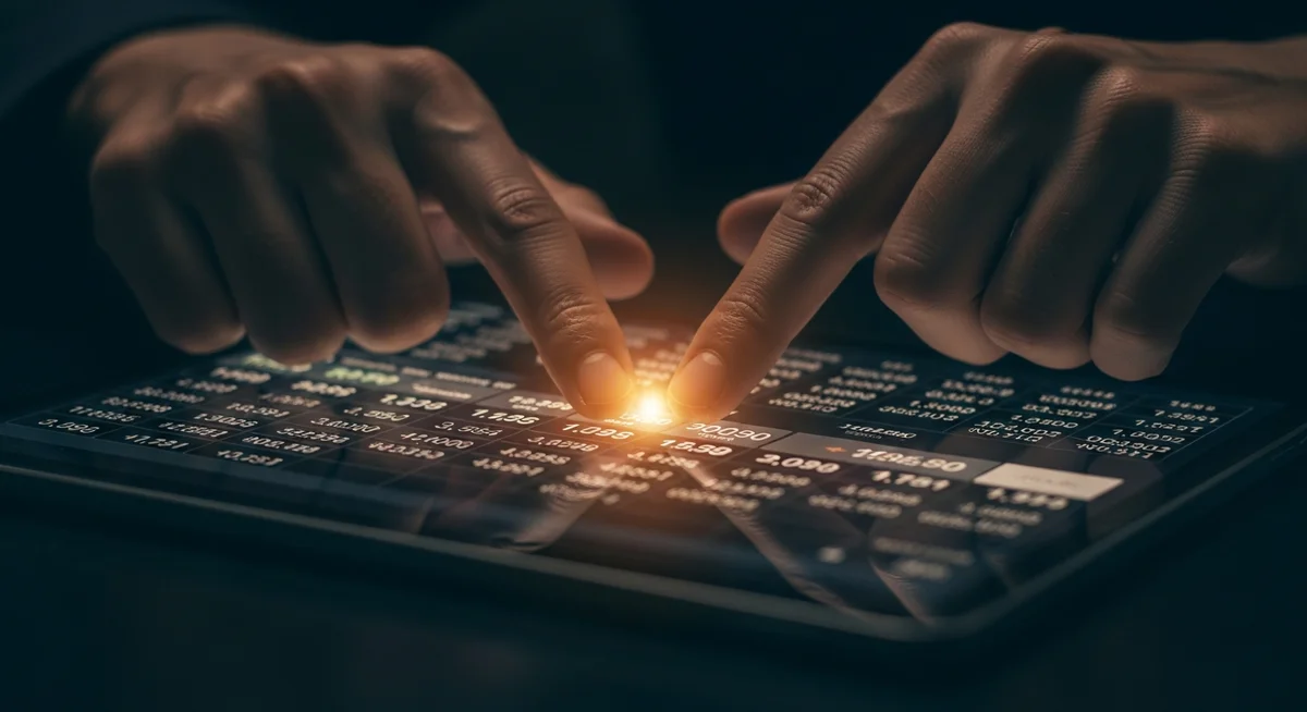 Hands analyzing sports betting odds calculations on a tablet with dramatic lighting.