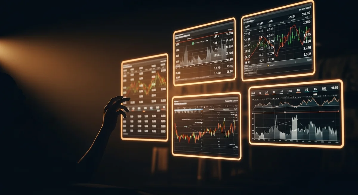 Multiple glowing screens displaying comparative betting odds in a dark, atmospheric setting.