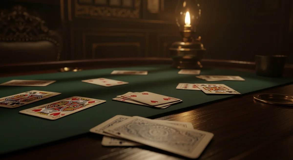 A close-up of vintage playing cards on a dimly lit riverboat saloon table, lit by an oil lamp.