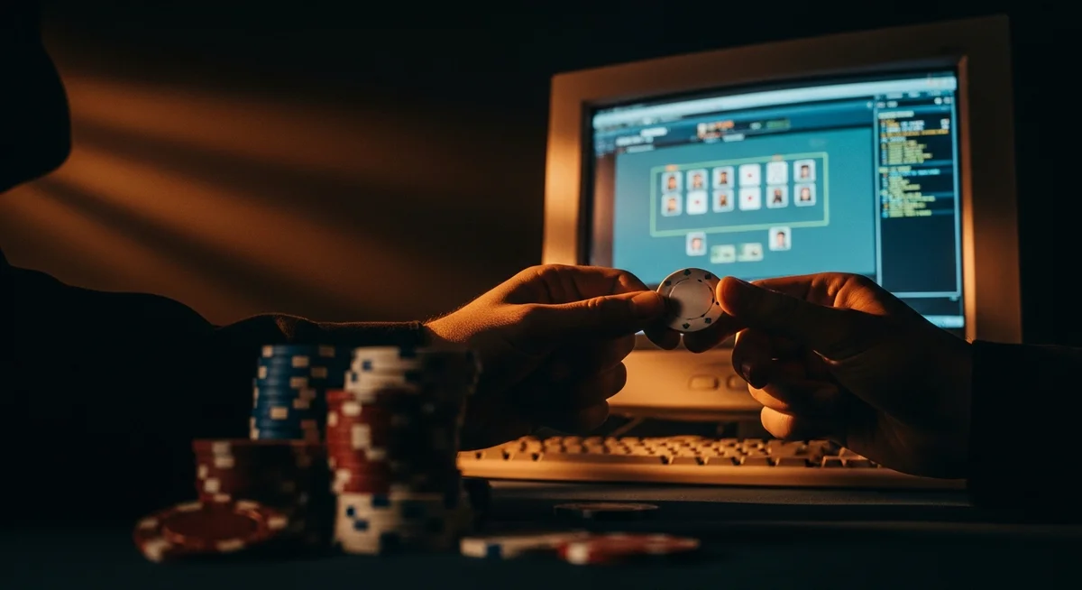 A computer screen displaying an online poker game, with hands holding poker chips reflected on its surface.