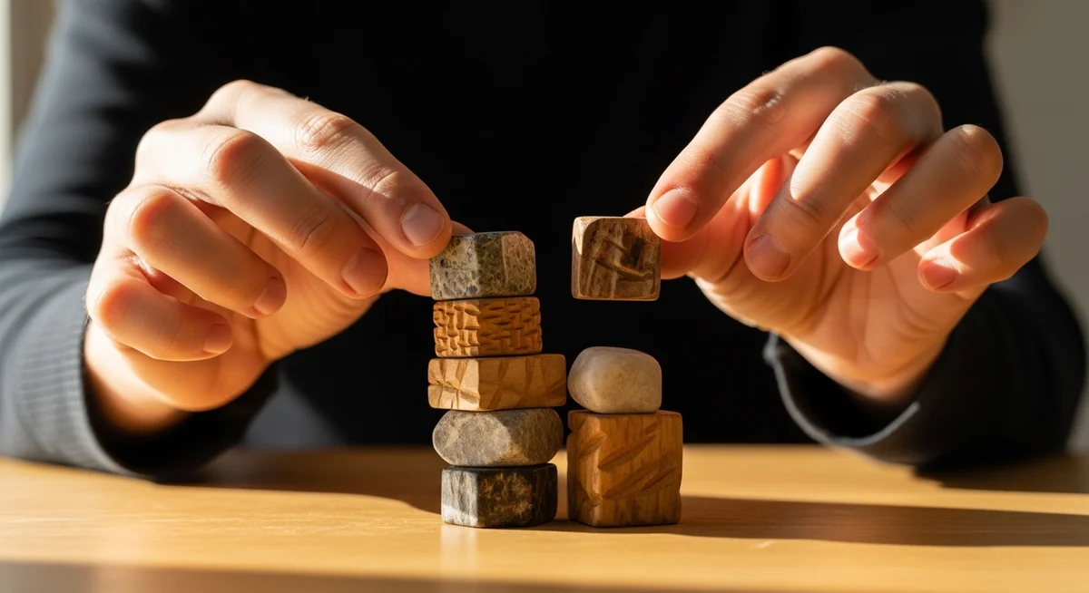 A close-up of hands gently sorting unique, tactile tokens, one piece slightly apart, representing probability calculation.