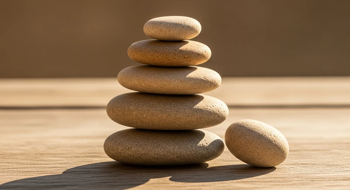 A carefully balanced stack of river stones on a weathered surface, one stone subtly shifted, illustrating delicate equilibrium.