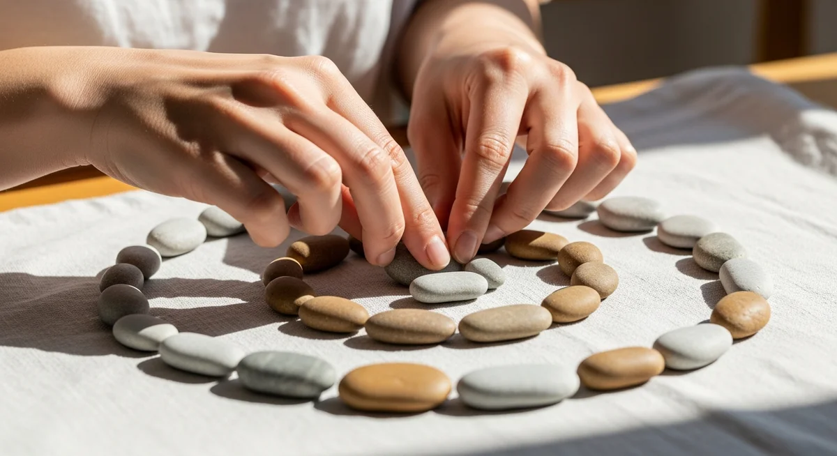 Hands carefully arranging small river stones into a neat pattern on linen, symbolizing personal strategies and structure.