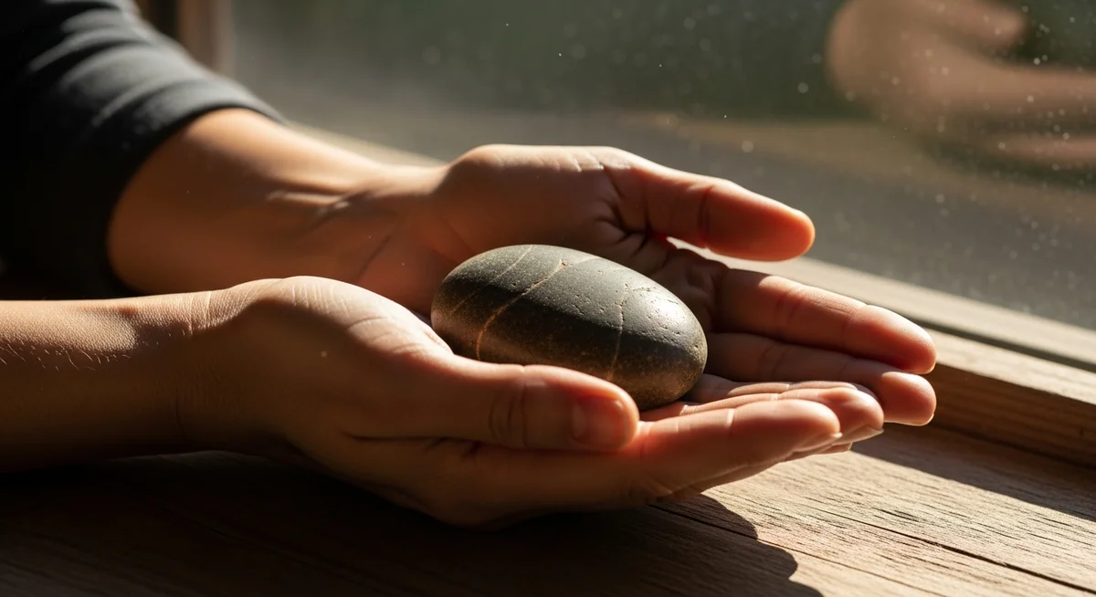 Close-up of hands gently holding a smooth river stone, bathed in warm natural light, suggesting introspection and self-evaluation.