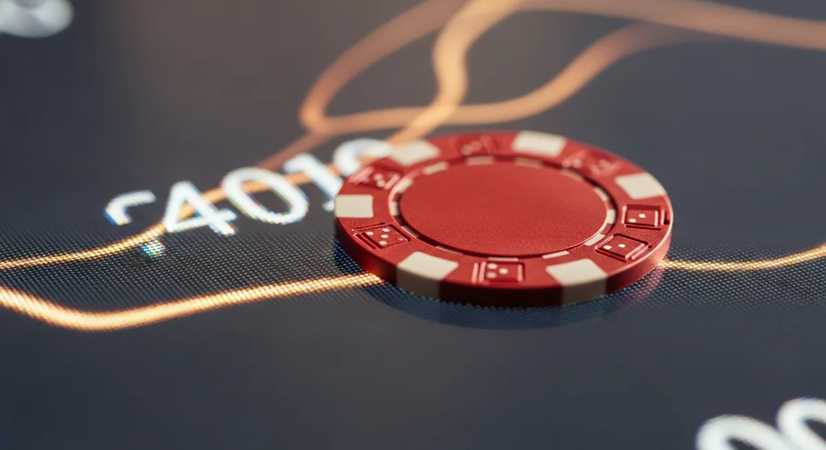 A single casino chip resting on a digital screen displaying abstract, glowing light patterns.