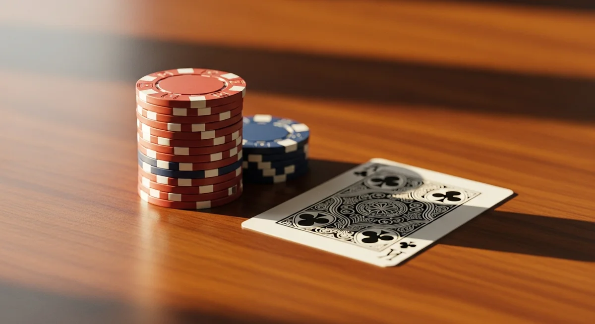 A small, neatly stacked pyramid of casino chips next to a single playing card on a polished wooden surface.