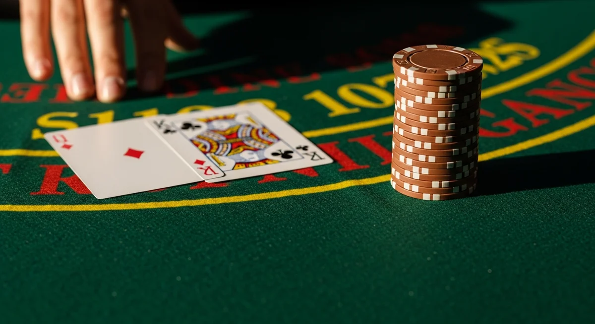 A pair of playing cards on a green felt table, gently separated by a hand, with casino chips nearby.