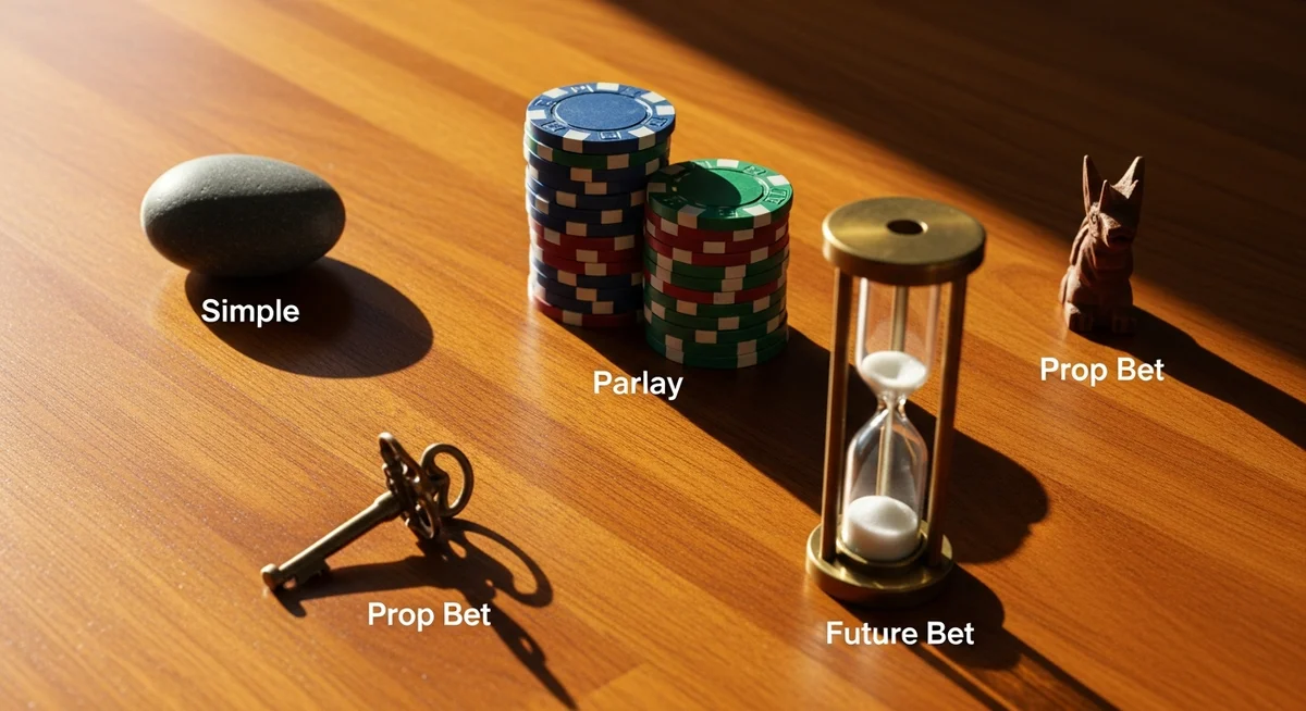 A serene arrangement of distinct natural objects, symbolizing the different types and structures of sports bets.