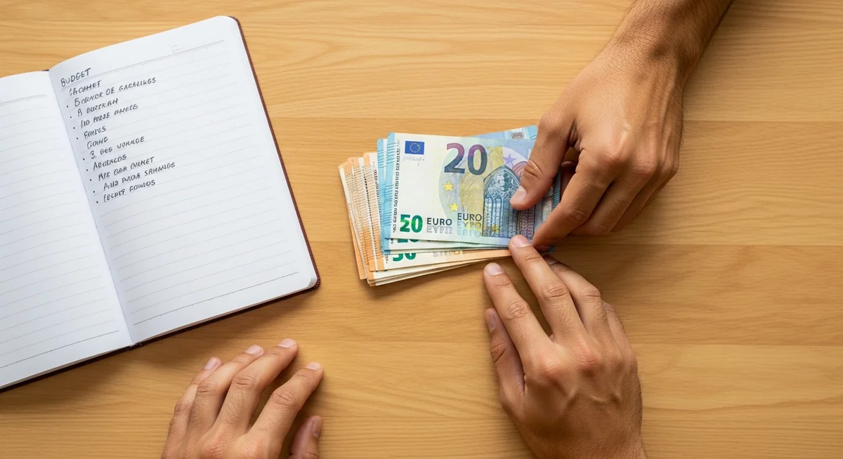 Hands carefully arranging a small stack of banknotes next to a budget notebook on a wooden table, illuminated by warm natural light.