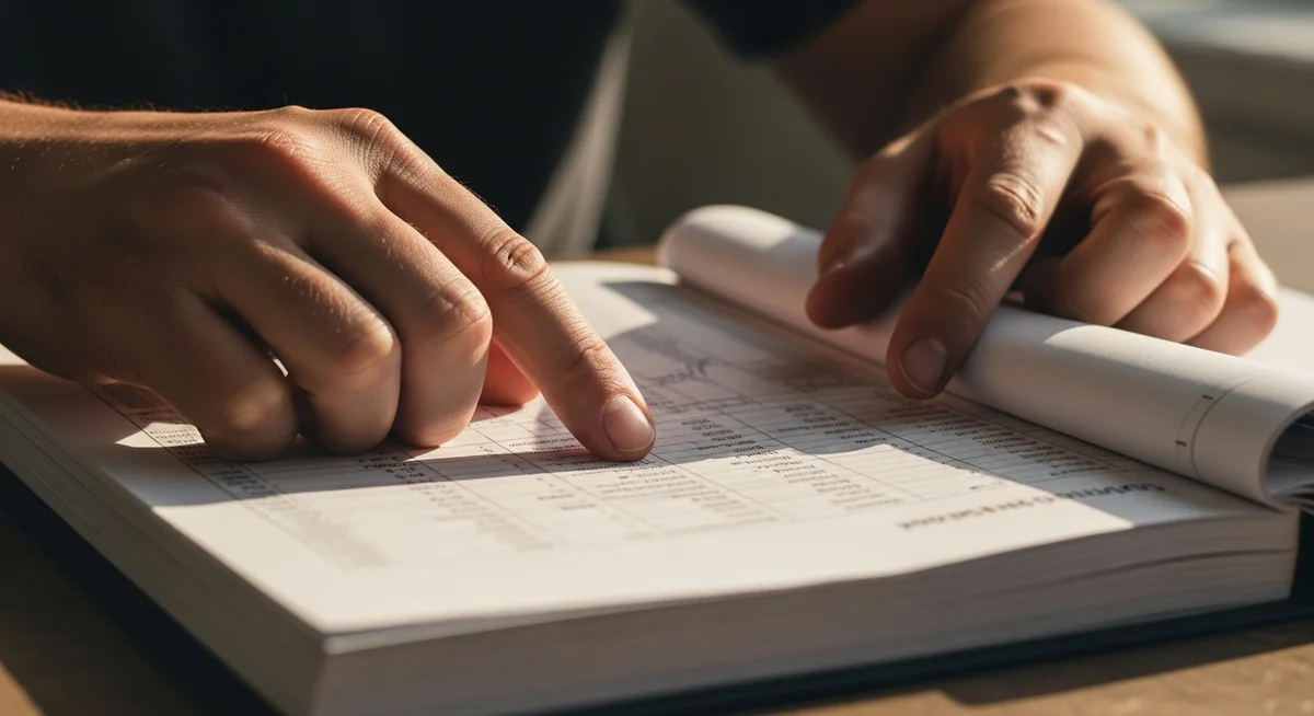 Hands holding a sports magazine with statistics, resting on a warm wooden surface next to a coffee mug, conveying thoughtful analysis.