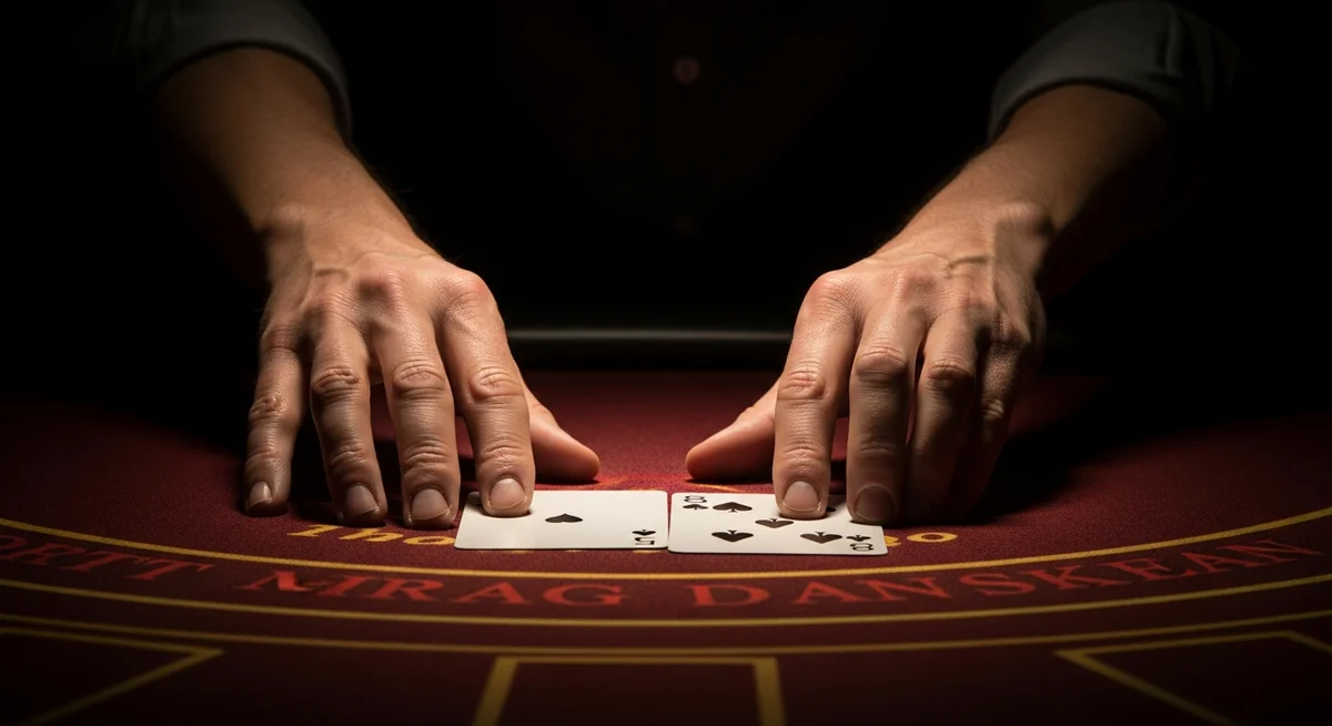 Anonymous hands hover over blackjack cards on a dark table, illuminated by a warm spotlight, symbolizing a strategic decision.