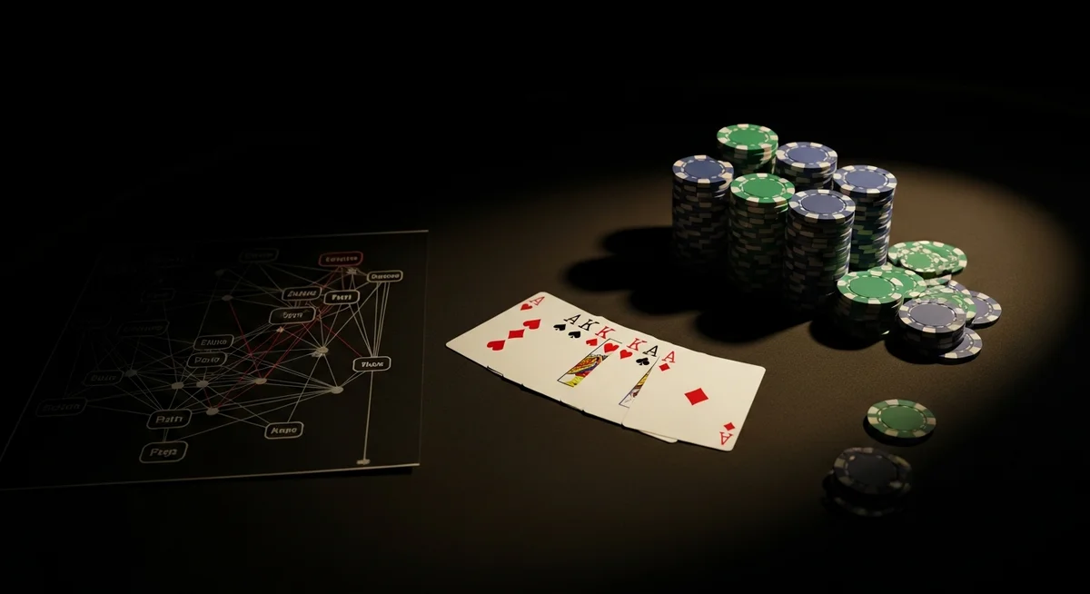 A strategic setup on a dark blackjack table with cards, chips, and a mathematical diagram, lit by a warm spotlight, representing optimized play.