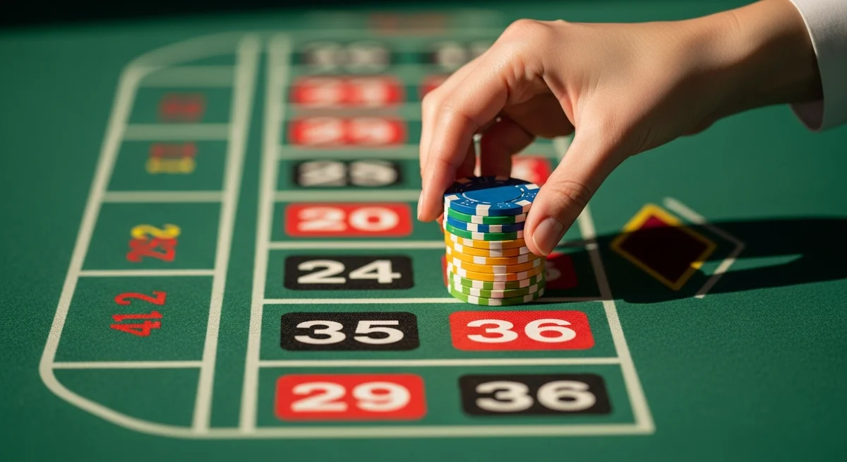 Close-up of a hand placing colorful casino chips on a specific single number on a roulette table's green felt betting grid.
