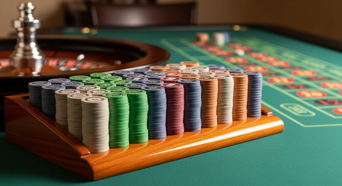 A pristine stack of colorful casino chips neatly organized on a dealer's rack on a roulette table, with the wheel blurred in the background.