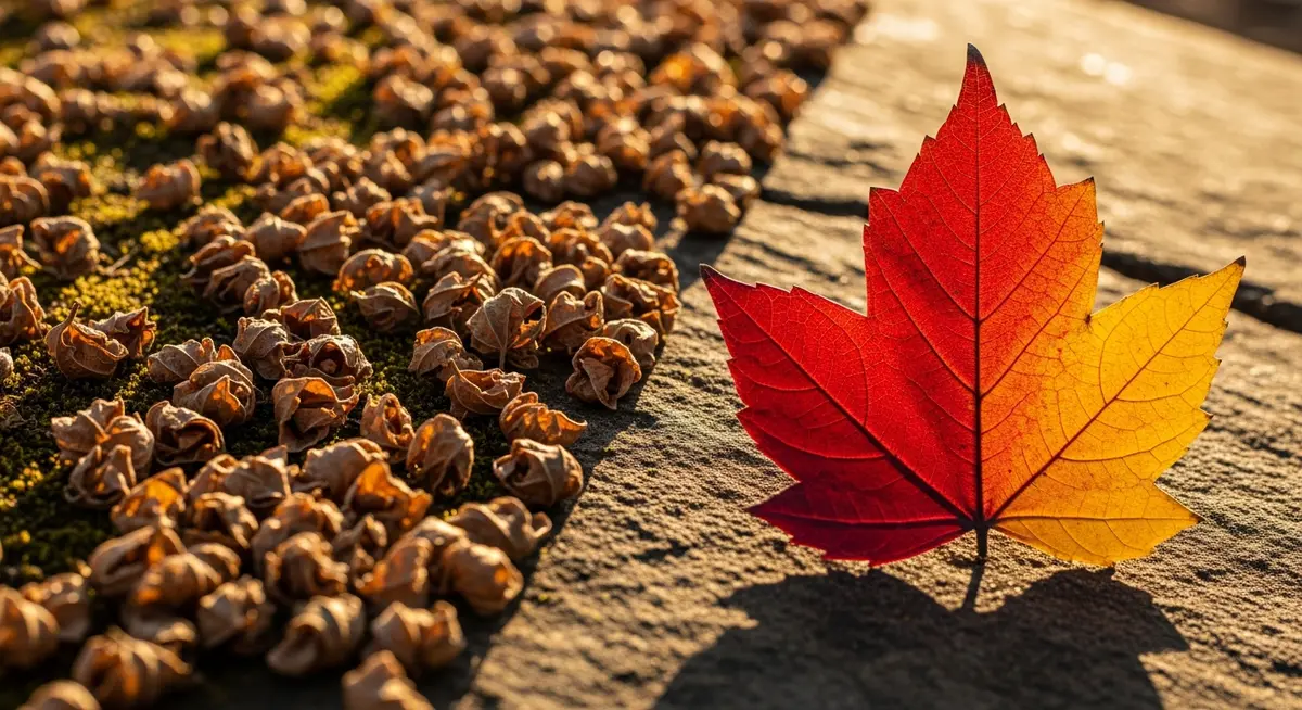 Many small autumn leaves scattered beside a single large, vibrant leaf, illustrating frequency versus impact.