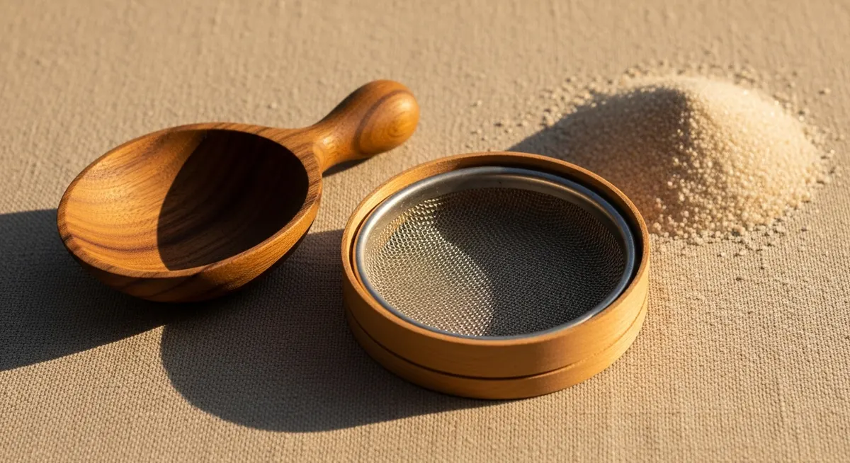 Two artisanal wooden tools, a scoop and a sieve, rest beside a pile of sand, symbolizing metrics working together.