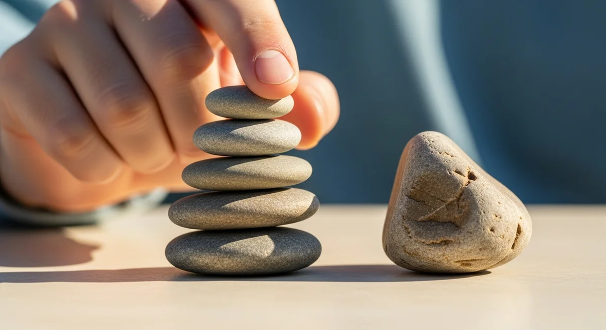 A hand touches a small stack of river stones next to a single large stone, illustrating varied outcomes.