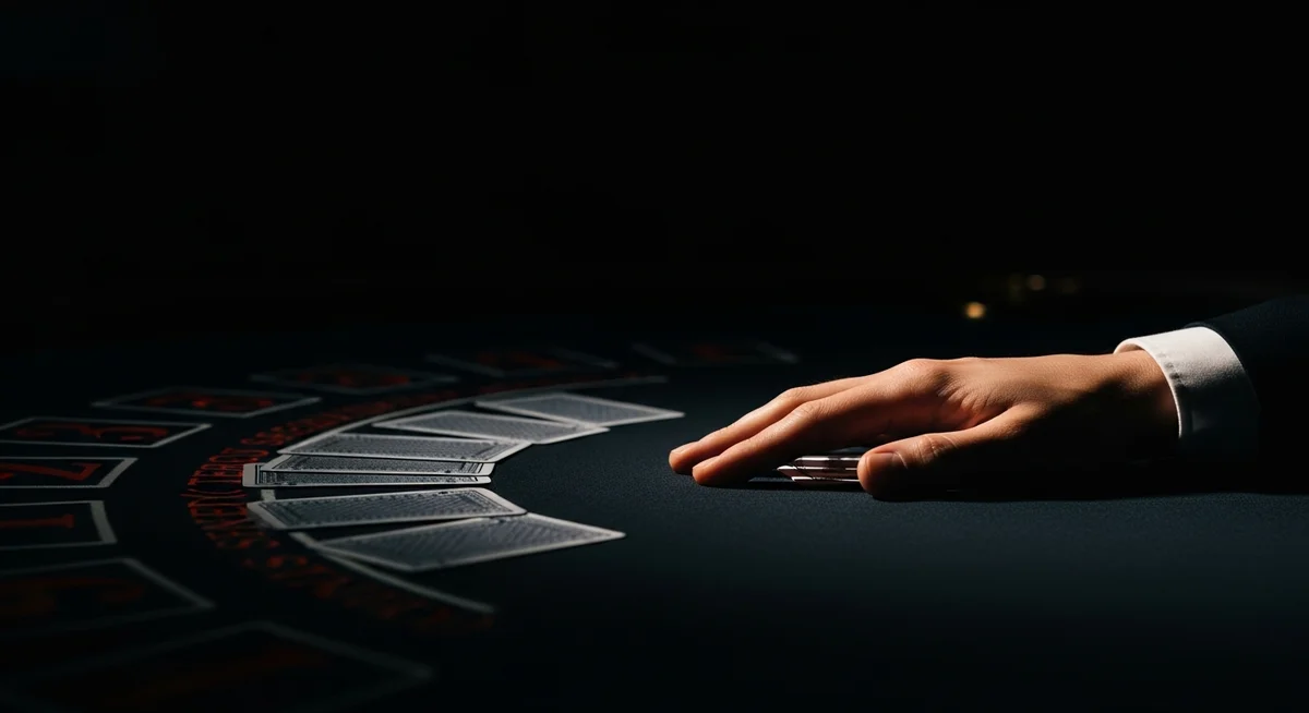 A hand resting on a dark surface, with faint card outlines in the background, symbolizing the process of memorizing and practicing blackjack strategy.