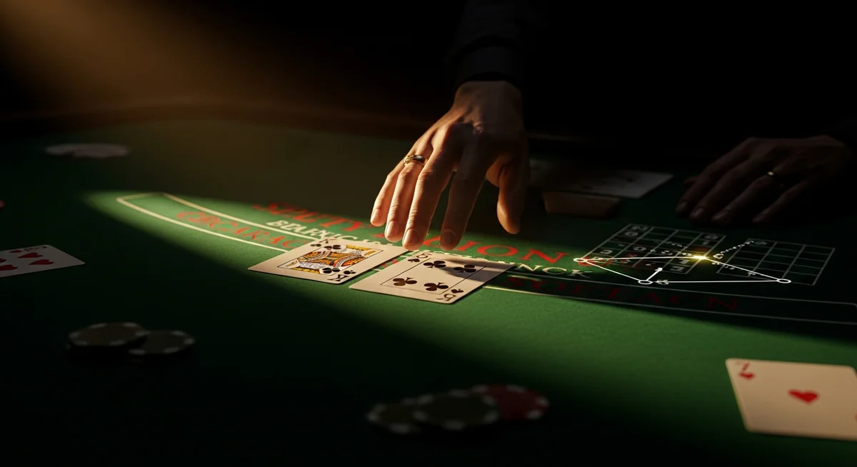 A player's hand poised over blackjack cards, with a subtle glow on a strategy chart embedded in the table, conveying a moment of strategic decision.