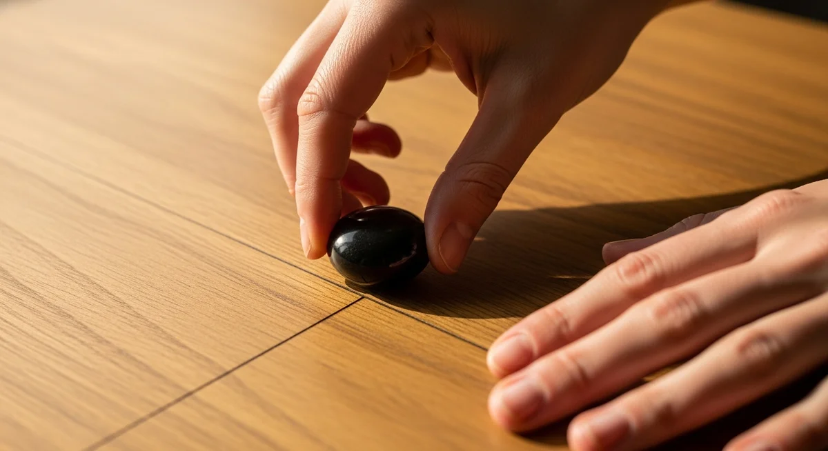 Elegant hands gently placing a dark, polished stone onto a subtle line on a warm wooden surface, symbolizing setting limits.