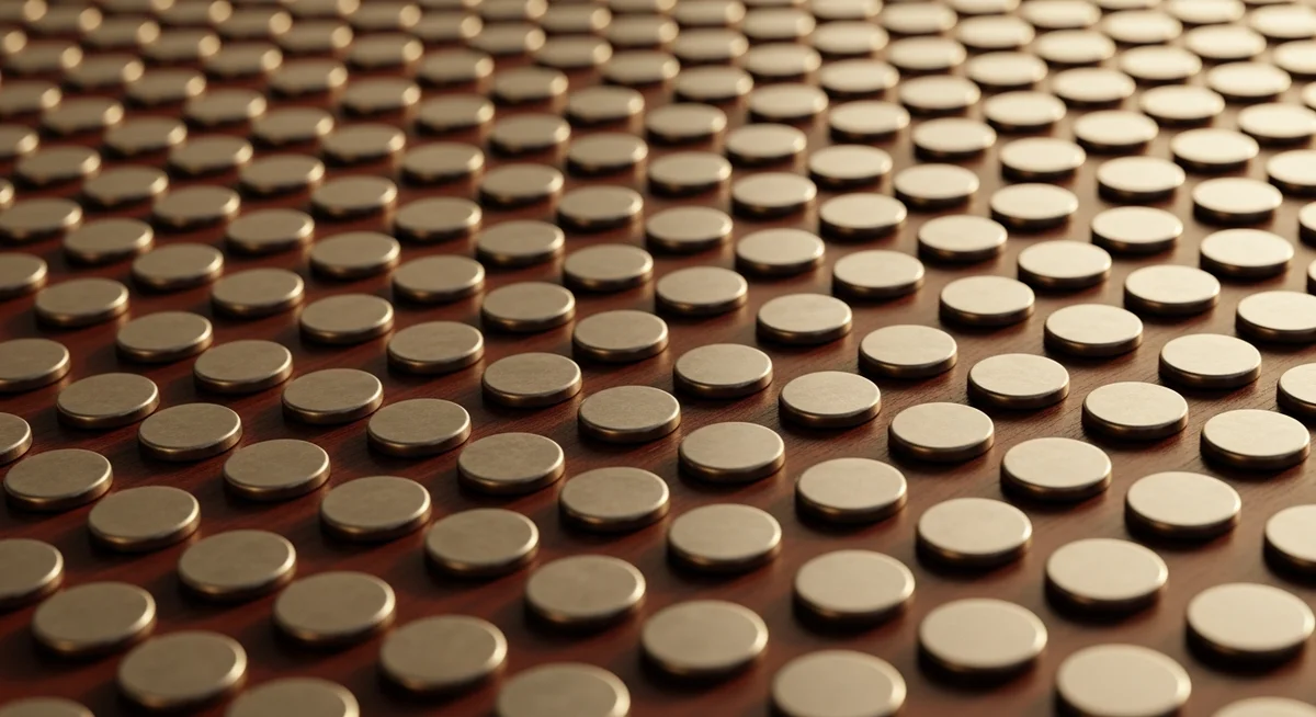 A top-down view of many small, identical, round, metallic markers meticulously arranged in an expansive pattern on a dark, smooth, mahogany surface.