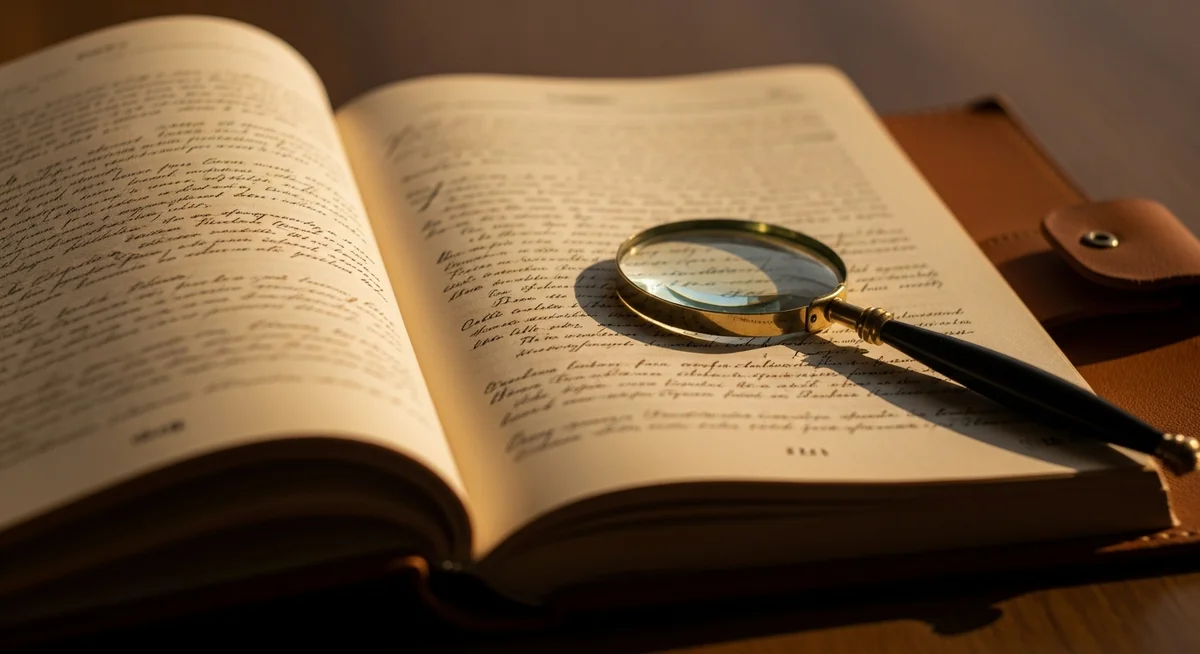 An open leather journal with intricate, subtle markings and notes, with an antique magnifying glass resting on a page, emphasizing hidden details.