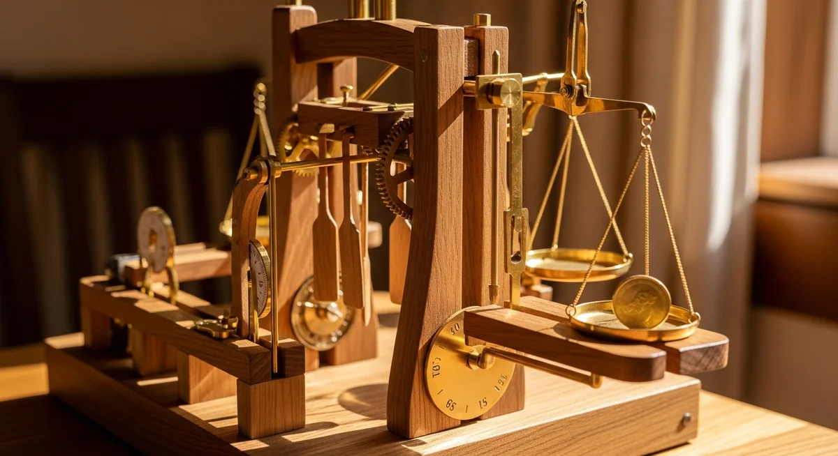 A golden coin moving slowly through an intricate, warm-toned wooden and brass mechanism, illustrating a controlled process and the passage of time.