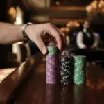 A steady hand carefully organizing a meticulously stacked pile of high-value casino chips on a polished dark wood counter