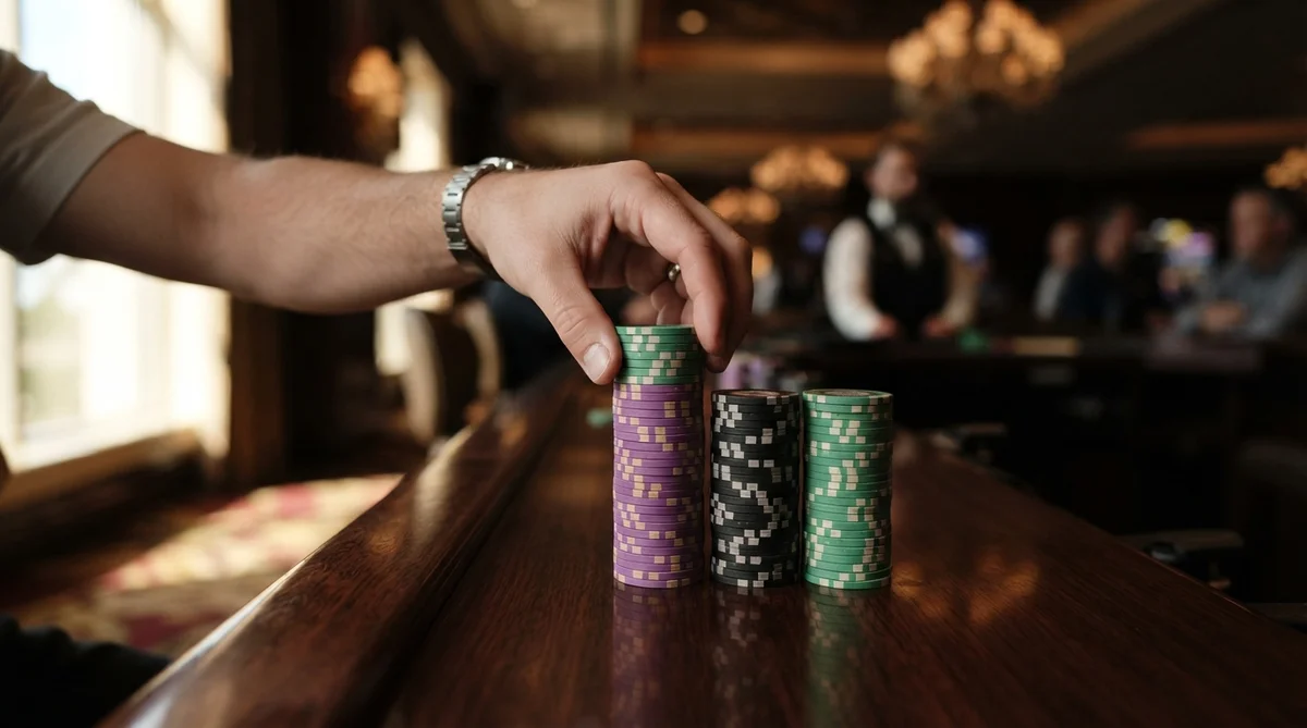 A steady hand carefully organizing a meticulously stacked pile of high-value casino chips on a polished dark wood counter