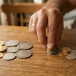Close-up of an adult hand gently dividing a small stack of assorted gold and silver coins into two distinct groups on a