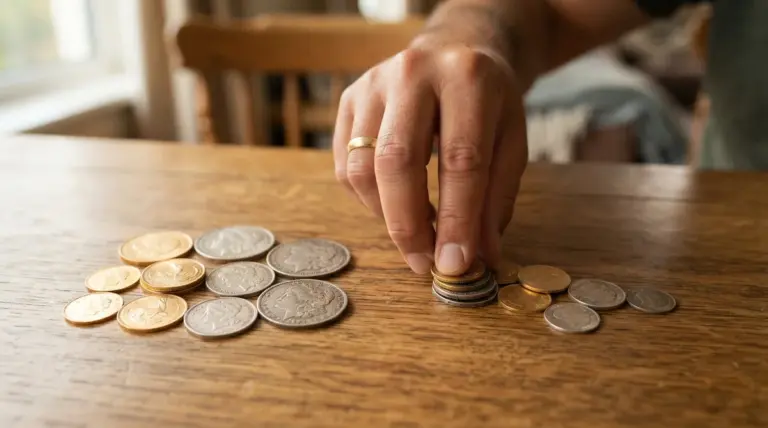 Close-up of an adult hand gently dividing a small stack of assorted gold and silver coins into two distinct groups on a