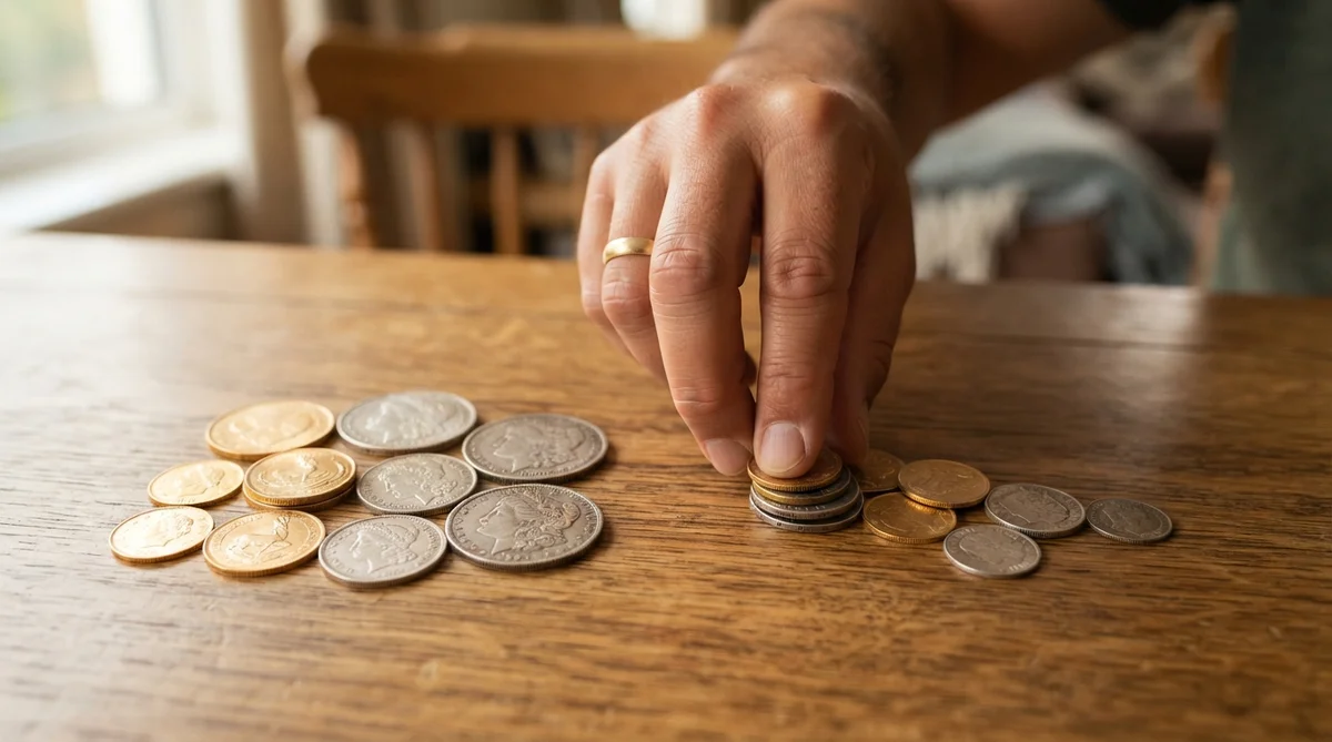 Close-up of an adult hand gently dividing a small stack of assorted gold and silver coins into two distinct groups on a