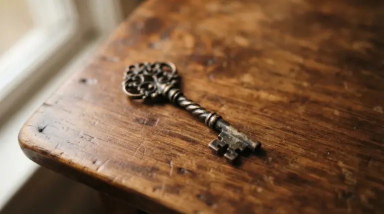 An ornate antique metal key resting on a rustic wooden table surface