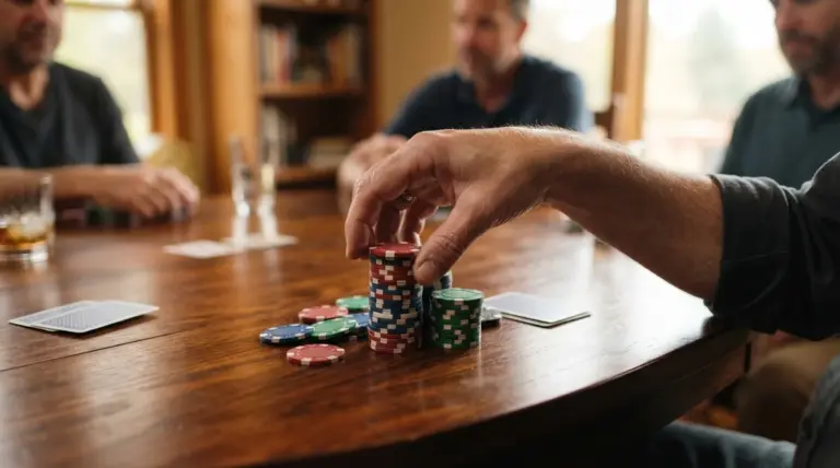 A hand moves a stack of red, white, and blue poker chips on a wooden table among players