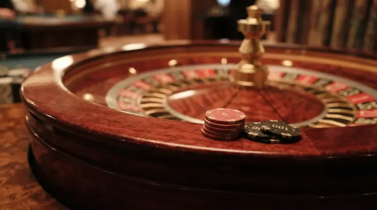 A vibrant close-up of a mahogany roulette wheel, with a few strategically placed red and black betting chips bathed in warm