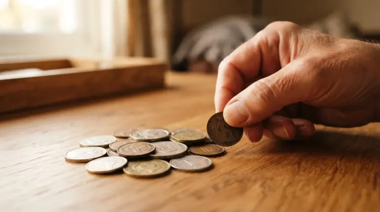 A close-up of a warm, natural hand gently placing a single, slightly worn coin amongst a small pile of polished coins on a
