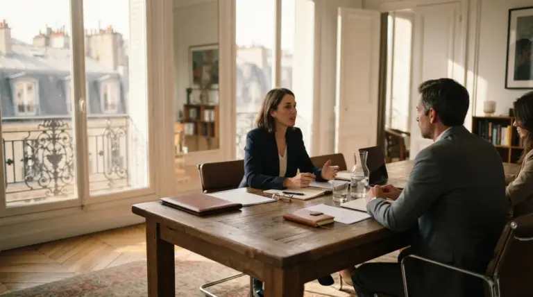 Three people in business attire sit around a wooden table in a bright office with large windows