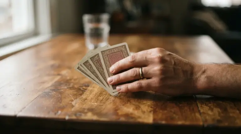 A person wearing a gold ring holds a fanned deck of cards on a wooden table