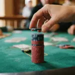 A professional hand gently places the final casino chip onto a perfectly stacked column on a pristine