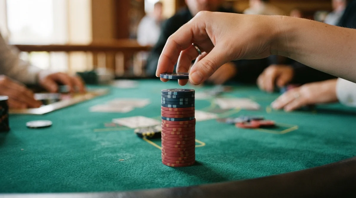 A professional hand gently places the final casino chip onto a perfectly stacked column on a pristine