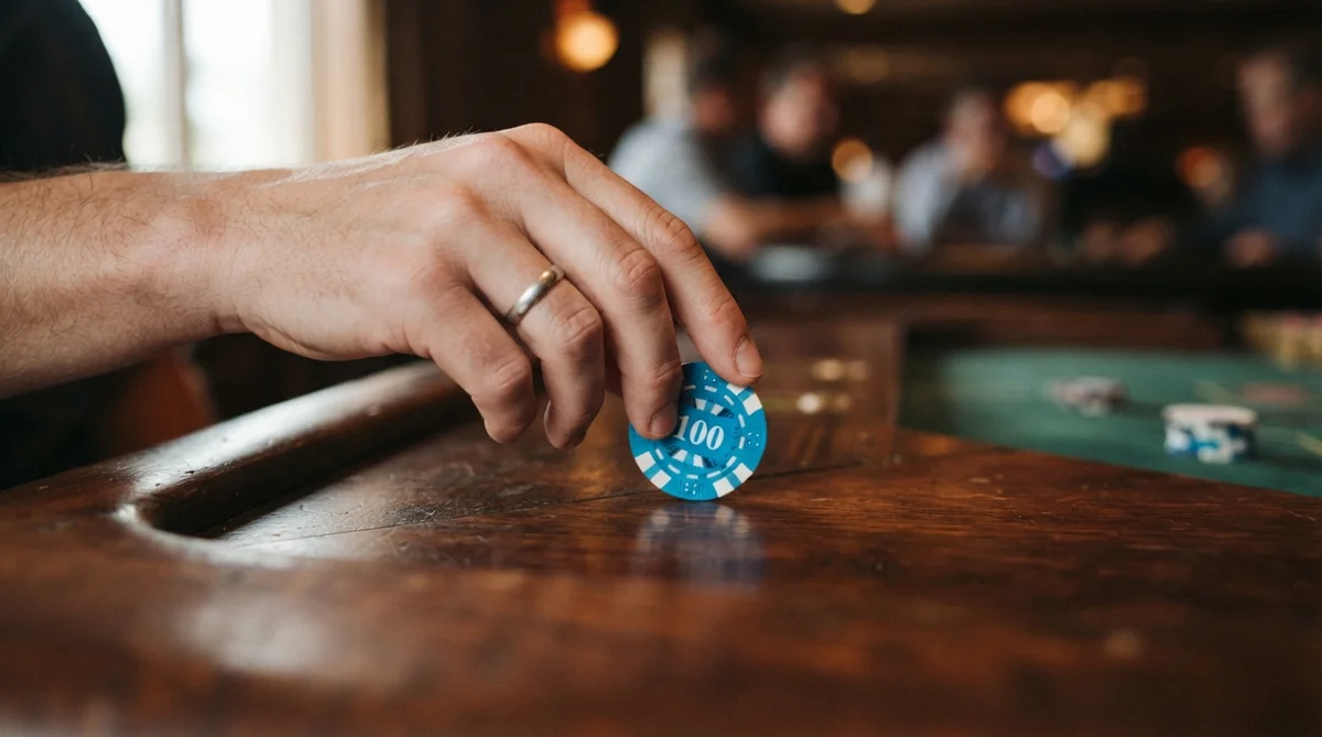 A warm, inviting close-up of a human hand gently placing a single, brightly colored casino chip onto a rich