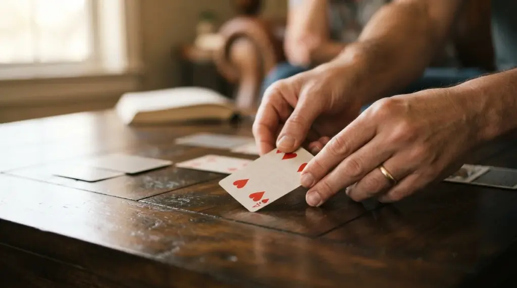 A pair of adult hands, focused on their gentle movement, placing a generic playing card onto a polished dark wooden game