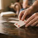 A pair of adult hands, focused on their gentle movement, placing a generic playing card onto a polished dark wooden game