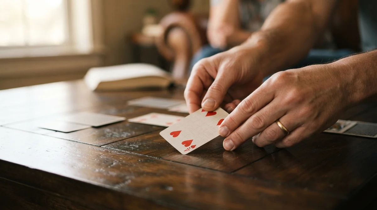 A pair of adult hands, focused on their gentle movement, placing a generic playing card onto a polished dark wooden game