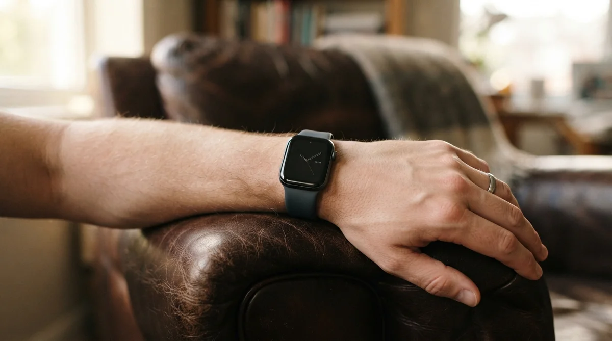 A close-up of a hand wearing a sleek, minimalist smartwatch, resting casually on a rich, dark leather armchair armrest